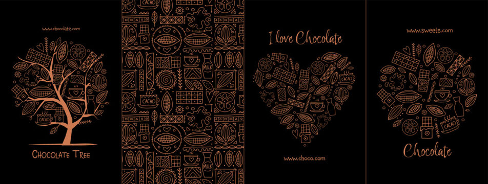 Chocolate, cacao and sweets - concept arts collection. Frame, pattern, tree, heart shape. Set for your design project - cards, banners, poster, web, print, social media, promotional materials. Vector