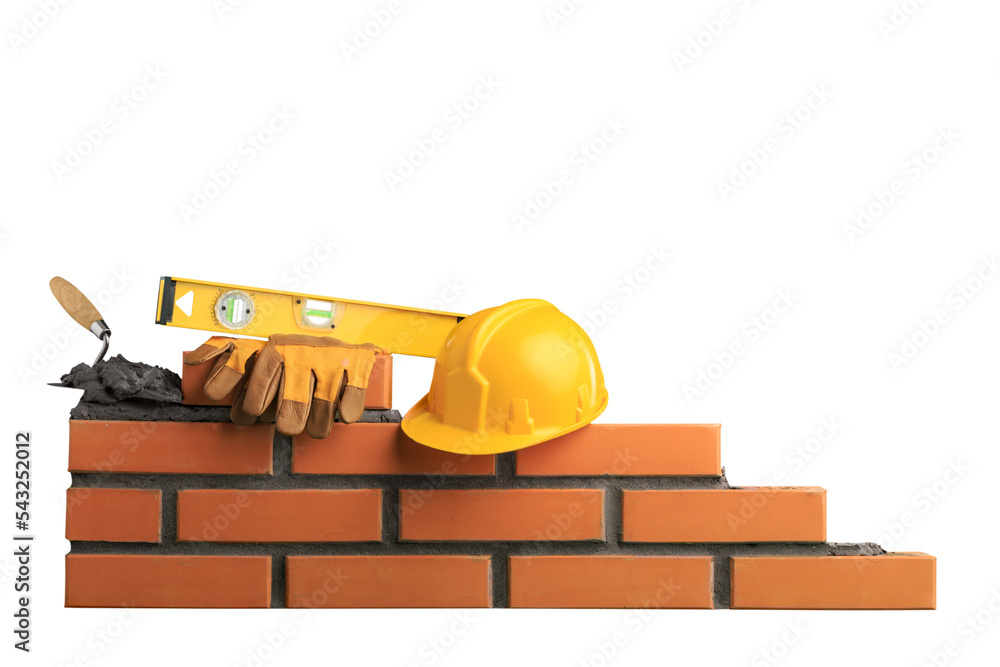 Wall mural Hard hat on cement masonry layer