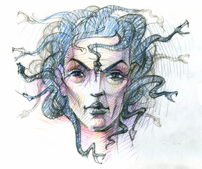Medusa Gorgon. Greek mythology. Head of a woman with snakes. Magic power