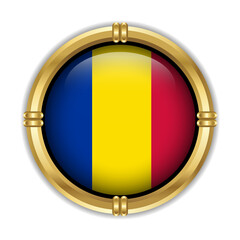 Fototapeta premium Chad Flag circle shape button glass in frame golden. Background transparent