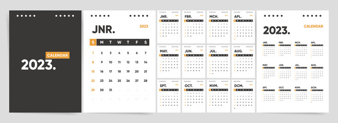 Monthly classic calendar template for 2023 year. Set of 12 months ready to print vector illustrations. Clean and bold style 2023 vertical wall or desktop a4 calendar.