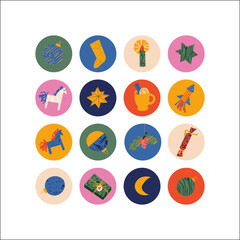 Vector set of colorful traditional Christmas icons in contemporary modern trendy style. Social media highlits.