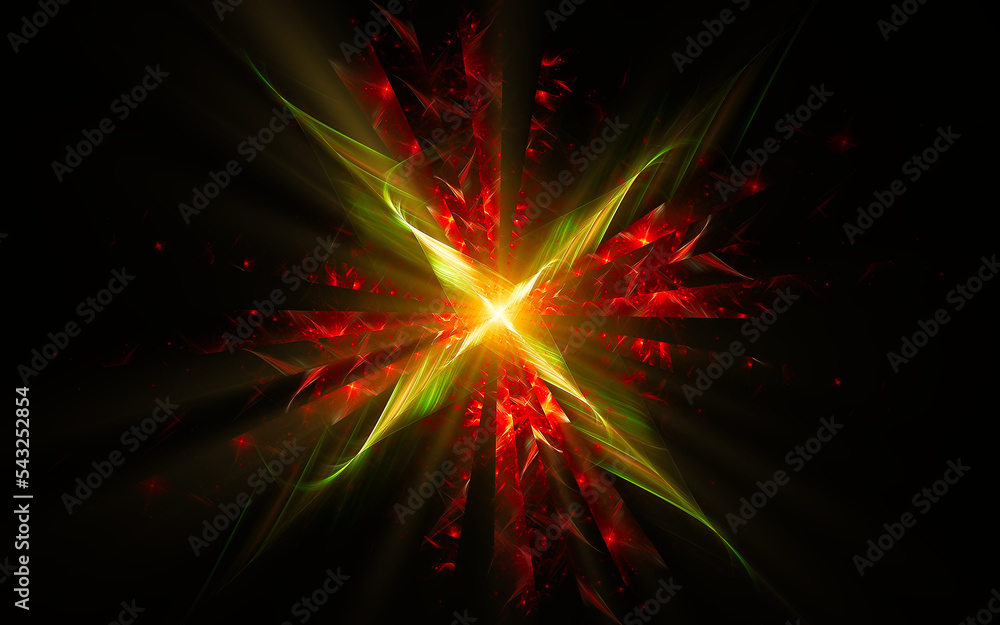 Aufkleber abstract illustration of a computer generated fantastic star in various shapes and shades on a black background for use in symbology, signs for digital design and graphics
