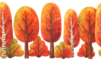 An endless illustration of the autumn environment. Watercolor seasonal landscape. Seamless fall nature pattern.  Horizontal border with trees and bushes. Isolated hand painted image of a forest park