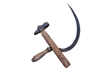 Kommunistische Symbole Hammer und Sichel mit echten Werkzeugen über wißem Hintergrund