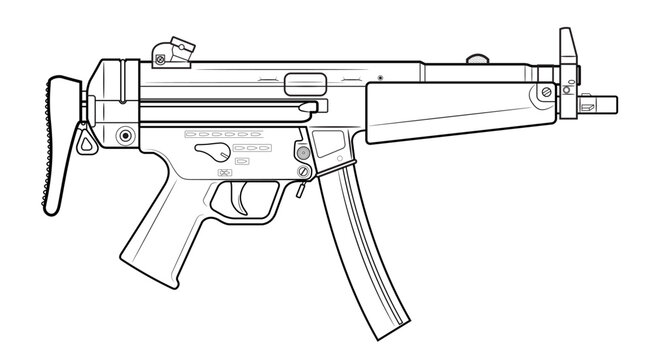 Vector illustration of the MP5 machine gun with folded stock on the white background. Right side.