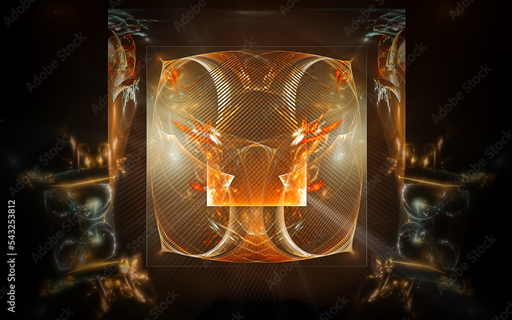 Aufkleber abstract illustration of a computer generated fantastic emblem in various shapes and shades on a black background for use in symbology, signs for digital design and graphics