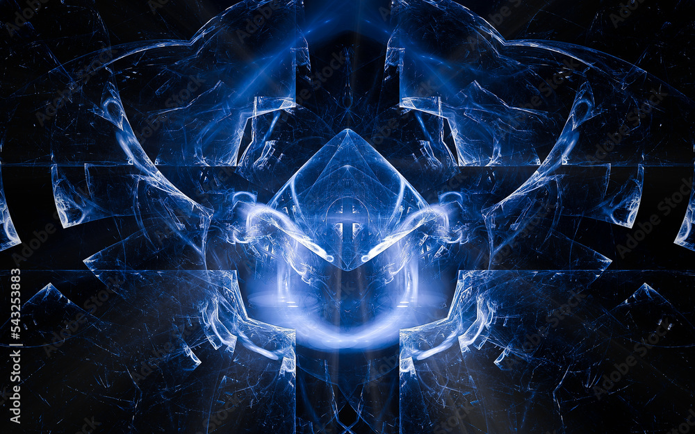 Aufkleber abstract illustration of a computer generated fantastic emblem in various shapes and shades on a black background for use in symbology, signs for digital design and graphics
