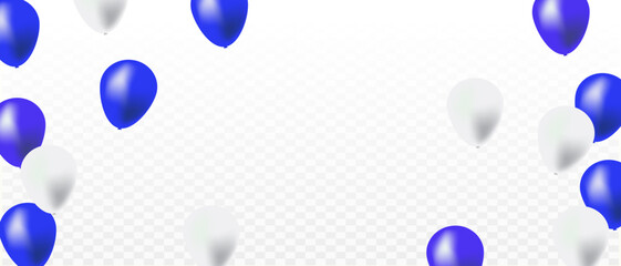 Blue and white balloons on isolated transparent background. Birthday party background, Copy space. Vector illustration