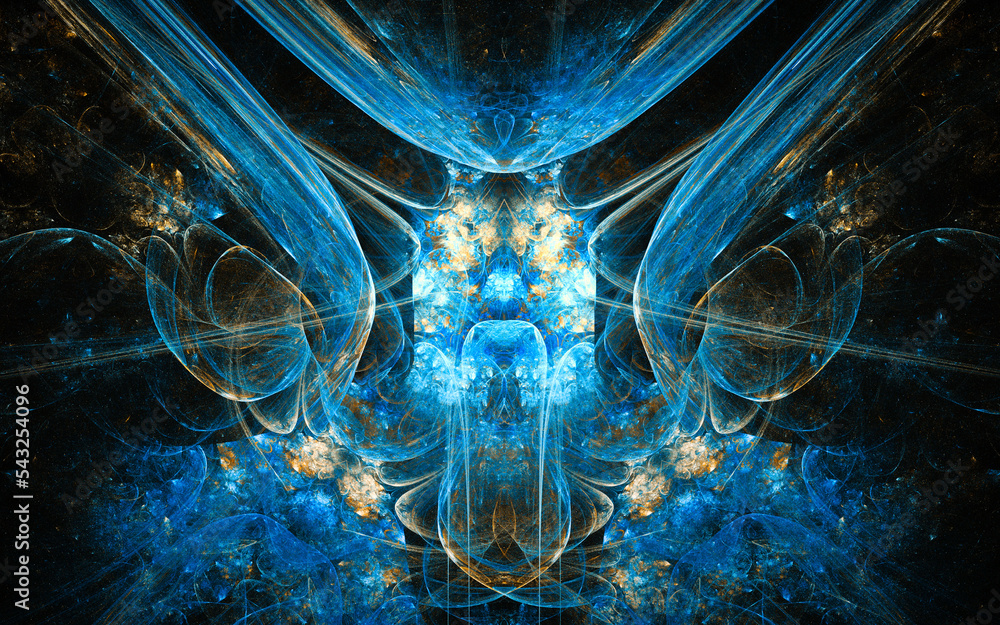 Aufkleber abstract illustration of a computer generated fantastic flower of various shapes and shades on a black background for use in symbology, signs for digital design and graphics