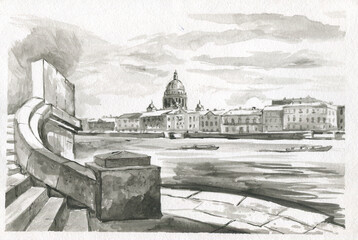 embankment of st  petersburg in the technique of graphic study