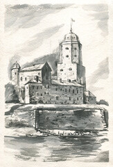 medieval tower and fortress in the technique of graphic study