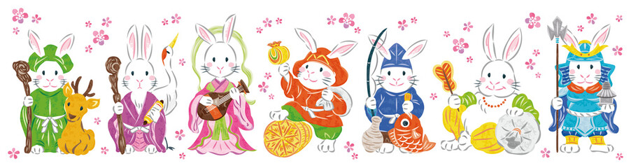 2023年　卯年　うさぎ　七福神　年賀状素材イラストセット