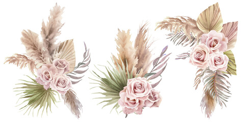 Watercolor boho floral bouquet and elements of pampas grass branches, palm leaves, dry flower, roses in pastel colors. Hand painted illustration isolated on transparent background. Bohemian elements  © Nataliya Kunitsyna