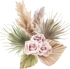 Watercolor boho floral bouquet and elements of pampas grass branches, palm leaves, dry flower, roses in pastel colors. Hand painted illustration isolated on transparent background. Bohemian elements  © Nataliya Kunitsyna