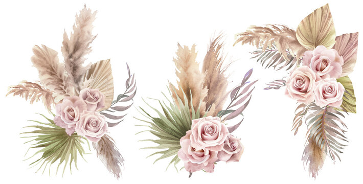 Watercolor boho floral bouquet and elements of pampas grass branches, palm leaves, dry flower, roses in pastel colors. Hand painted illustration isolated on transparent background. Bohemian elements 