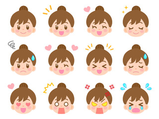 お団子ヘアーの主婦の顔アイコンイラスト素材セット
