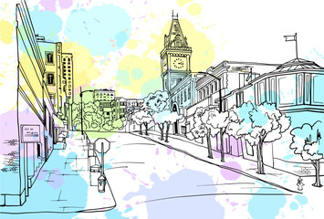 Urban landscape. Nice street of the San Francisco. California, USA, Hand drawn style. Urban sketch. Line art. Ink drawing. Black and white Vector illustration on blobs background. For postcards. 