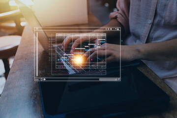 Analyst working with computer in Business Analytics and Data Management System to make report with KPI and metrics connected to database. Corporate strategy for finance, operations, sales, marketing
