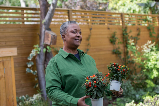 Senior african american female carrying plants for garden