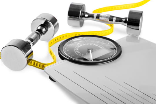 Healthy lifestyle fitness weight control concept. Closeup  dumbbells with measuring tape on  scales - Powered by Adobe