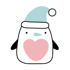 Cute penguin in a Christmas hat. Children's character for print. Funny character with a smile. Vector illustration