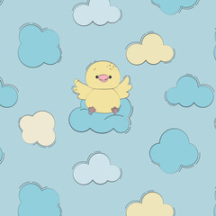 children's pattern with chicken, duckling. Background for a boy with a blue color, for textiles, dishes, wallpapers.