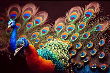 male peacock, fanned feathers, very detailed blurred background.
