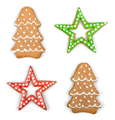 Obraz premium Christmas Ginger and Honey cookies on isolated white background. Star, fir tree, snowflake shape