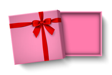 Opened pink gift box with red bow