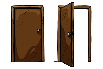 Open and closed door vector illustration on white background