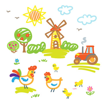 Children's drawing. Funny farm. Windmill, tractor, sun, trees, flowers and chickens. In cartoon style. Isolated on white background. Vector illustration