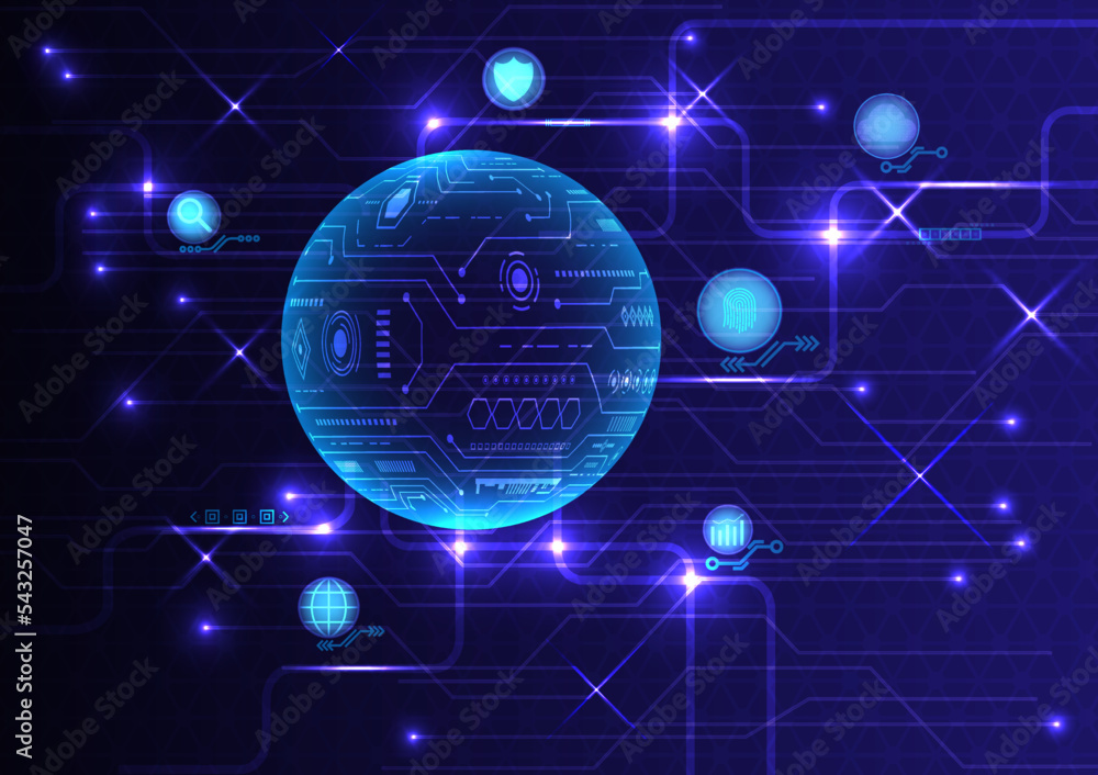 Poster the hitech globe circle has a circuit on the surface, about the security by scanning the finger in t