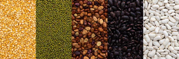 Different types of legumes banner, mung beans and yellow peas, brown, white and black beans, top view