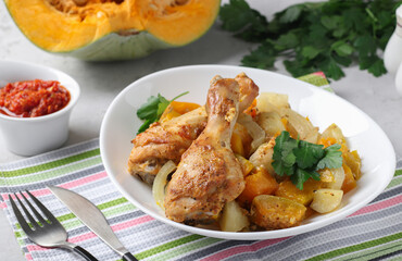 Baked chicken drumsticks with pumpkin, garlic and potatoes on white plate