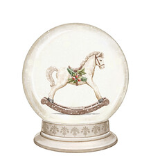 Watercolor vintage  cute christmas tree toy rocking horse animal in snow globe isolated on white background. Hand drawn illustration sketch