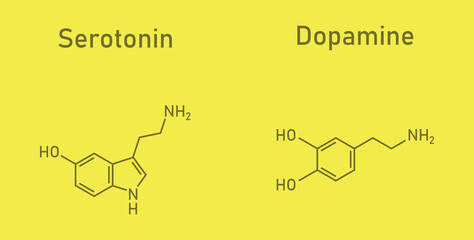 Dopamine and serotonin molecular structure. Scientific vector illustration isolated on yellow background.