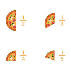 Fraction pizzas. Fraction for kids. Pizza slices. Fraction fun with pizza. vector illustration isolated on white background.