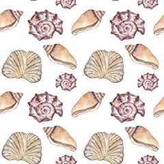 Watercolor sea shell seamless pattern. Hand drawn seashells texture vintage ocean background.