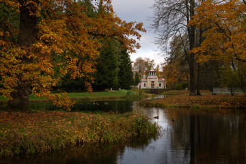 View of the Chinese gazebo on the bank of the Upper Ponds in the Catherine Park in Tsarskoye Selo,...