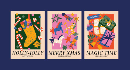Vector set of Christmas greetings art posters with different traditional decoration in contemporary modern trendy style.
