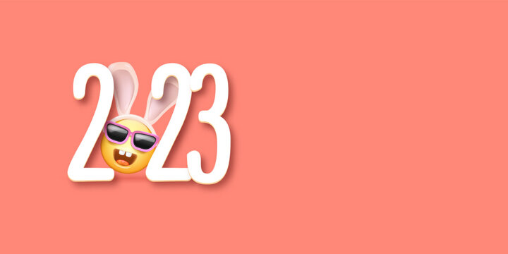 2023 Happy new year horizontal banner with funny smile face with rabbit ears and sunglasses isolated on pink background. 2023 new year banner, poster, flyer, cover with funny cute rabbit