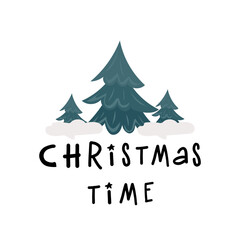 Illustration of a Christmas tree and the phrase "Christmas time" in a flat style