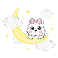 Cute baby cat on moon. Good night and sweet dreams. Little white kitten. Can be used for for childish t-shirt prints, nursery poster, baby shower greeting card. Vector illustration