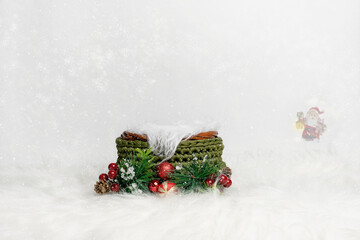 Newborn digital backdrop with Santa Claus, lamp and handmade crochet green basket.  Newborn...