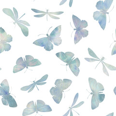 Obraz premium butterflies and dragonflies drawn in watercolor, collected for design in a seamless pattern