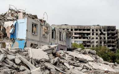 destroyed and burned houses in the city Russia Ukraine war