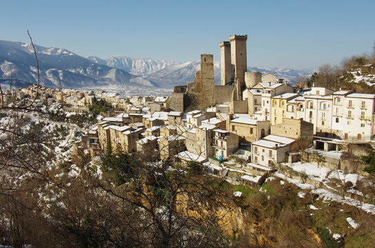 View of Pacentro and the Caldora or Cantelmo castle that dominates the characteristic mountain village - Abruzzo - Italy