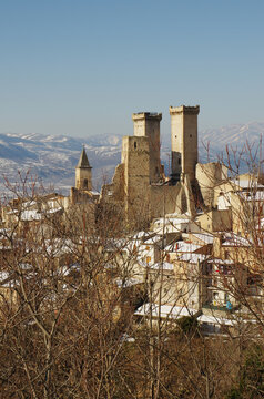 View of Pacentro and the Caldora or Cantelmo castle that dominates the characteristic mountain village - Abruzzo - Italy