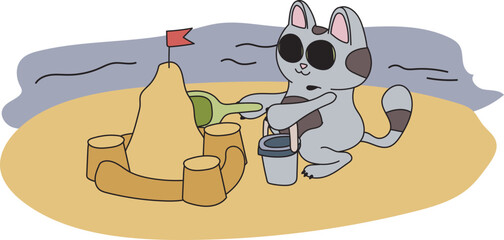 Illustration of a gray cat on the coast. A pet builds a sand castle near the water. Toy shovel and bucket, cute kitten playing in the sand. Ready to use eps for your design